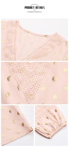Detailed view of pink blouse with gold foil dots, v-neck lace, and elastic cuffs