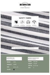 Detail showing breathable fabric texture and size chart for striped button-up shirt