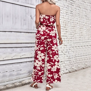 Women's floral print off-shoulder wide-leg jumpsuit in dark red and beige summer style