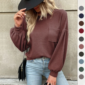 Women's Casual Waffle Knit Long Sleeve Top Round Neck Open Back Cross Tie Lantern Sleeve Pullover Sweater With Pocket