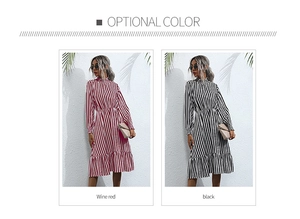 Detailed comparison of wine red and black vertical striped long sleeve ruffle dresses