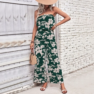 Women's summer floral off-shoulder wide leg jumpsuit in dark green for vacation wear