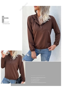 Detail of dark brown hooded sweatshirt featuring buttoned neckline and raglan sleeves
