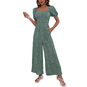 Women's vintage floral jumpsuit with puff sleeves, square neck, and wide legs in green