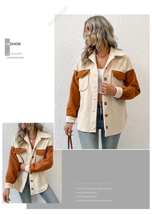 Detail of contrast lapel jacket in beige and brown with button-down texture and pockets