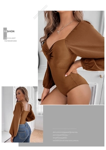 Detail of V-neck knot design and ribbed texture on brown long sleeve bodysuit