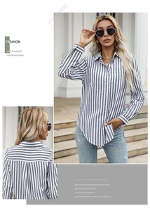 Detailed view of women's grey striped button-down shirt with a classic lapel and curved hem