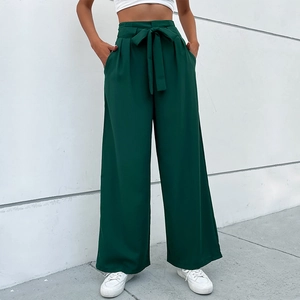 Women's dark green high-waisted wide-leg trousers with elegant adjustable waist tie