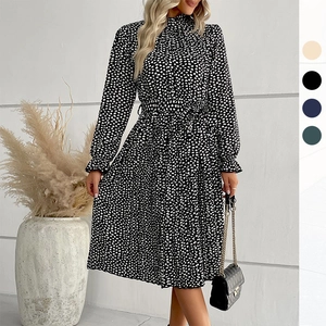 Abito Midi da Donna Elegante a Pois Manica Lunga Con Laccio in Vita Collo Semialto Plissettato Casual da Ufficio