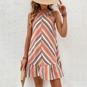 Rainbow striped halter neck summer dress with colorful diagonal patterns and ruffle hem