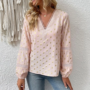 Women V-Neck Long Sleeve Blouse Lace Hollow Patchwork Shirt Gold Bronzing Polka Dot Elegant Pink Chiffon Top For Lady