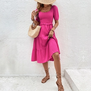 Elegant rose red midi summer dress with puff sleeves and tiered skirt for beach vacation