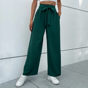Women's high-waisted dark green wide-leg trousers with elegant bow-knot tie and waist pleats