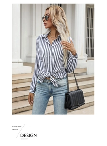 Detail of blue striped button-down shirt with a front tie hem design for women
