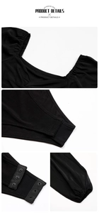 Detail of black V-neck bodysuit showing ribbed fabric and triple crotch snap buttons