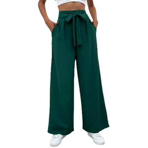 Women high waist wide leg pants in dark green with stylish bow tie waist and side pockets
