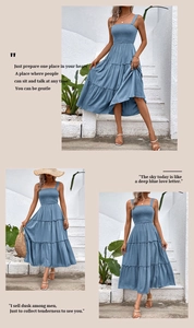 Détails d'une robe midi bleue à volants avec buste froncé et larges bretelles
