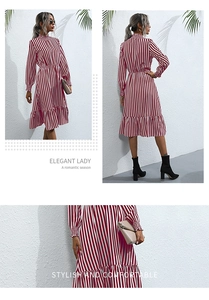 Detailed views showing vertical stripes, high neck, and ruffled hem on a red midi dress