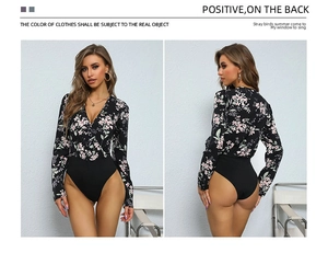 Front and back detail of a floral long sleeve bodysuit with a deep V-neck design
