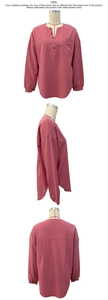 Detailed front, side and back views of dusty rose V-neck long sleeve blouse with buttons