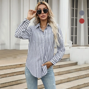 Women Casual Striped Long Sleeve Button Down Shirt Loose Polyester Cotton Blouse Lapel Commuting Office Tops