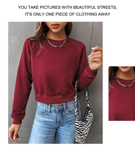 Detail view of burgundy raglan sleeve cropped sweatshirt with ribbed collar and cuffs