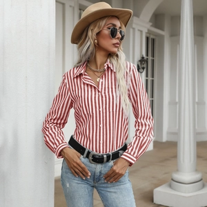 Women's red vertical striped long sleeve button down shirt with a classic lapel collar