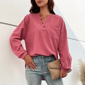 Women V Neck Long Sleeve Blouse Casual Button Down Shirt With Pocket Redwood Textured Pullover Top For Fall Winter