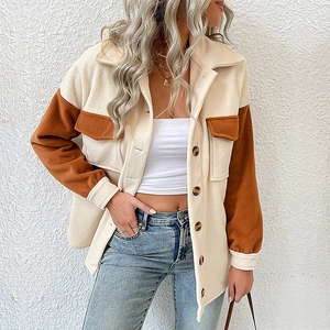 Women's color block button-down shacket with fleece texture and oversized chest pockets