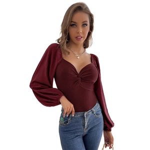 Women's burgundy sweetheart neckline long sleeve bodysuit with twist knot detail