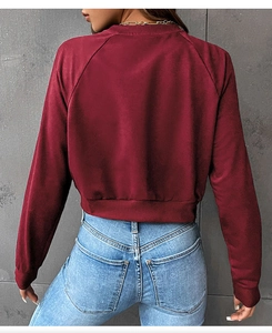 Back view of a trendy cropped burgundy sweatshirt with raglan sleeves and ribbed cuffs
