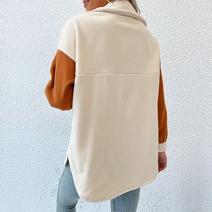 Chic beige and brown fleece shirt jacket for women with vintage patchwork design