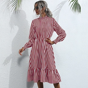 Women's Casual Long Sleeve Vertical Striped Midi Dress Elegant Ruffle Mock Neck High Waist A-Line Tunic Dress For Vacation