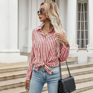 Women's red and white striped long sleeve shirt with front knot and classic lapel