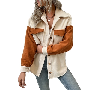 Women's patchwork fleece shacket with contrast color panels and button-down chest pockets