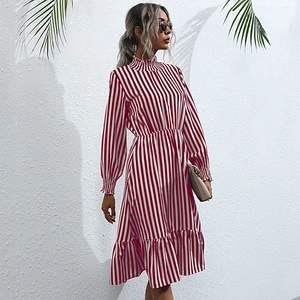 Elegant women's red and white vertical striped long sleeve dress with high neck and ruffles