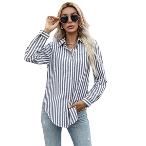 Women's classic grey and white vertical striped long sleeve button down shirt with pockets