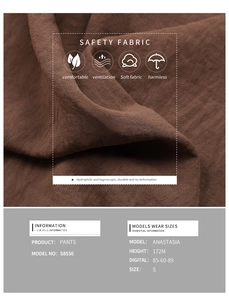 Detail of dark brown breathable fabric with S8536 model size chart and texture close-up