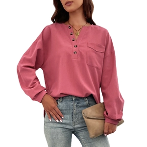 Women's V-neck long sleeve rose pink casual chiffon blouse with pocket and buttons