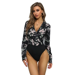 Women's deep V-neck wrap bodysuit with long sleeves and floral print pattern