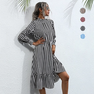 Elegant vertical striped long sleeve midi dress with high neck and elastic waist
