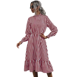 Red and white vertical striped long sleeve dress with ruffled stand collar and belted waist