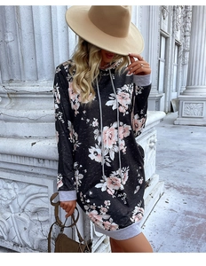 Damen Kapuzenkleid mit Blumenmuster, Rosenprint, Kapuze und grauen gerippten Bündchen am Ärmel