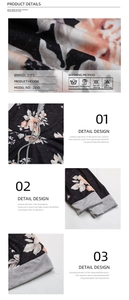 Close-up of pink floral print on black fabric with grey ribbed cuffs and drawstring