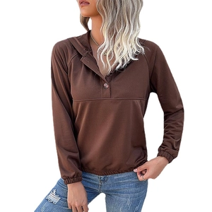 Felpa con cappuccio casual marrone scuro da donna con bottoni e maniche lunghe