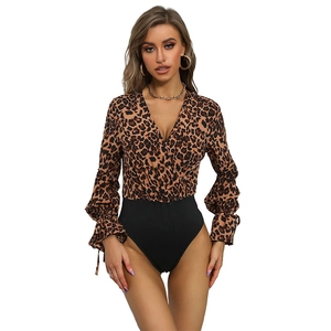 Slim fit long sleeve leopard print bodysuit for women with V-neck and drawstring cuffs