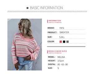 Tableau des tailles et détails du mannequin pour pull en maille rayé rose et blanc