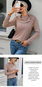 Detail of ribbed knit turtleneck top in mauve with side decorative buttons for women