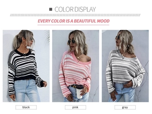 Trois options de pulls rayés en noir, rose et gris avec un design décontracté