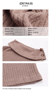 Detail of ribbed knit texture on high neck top with decorative double button collar